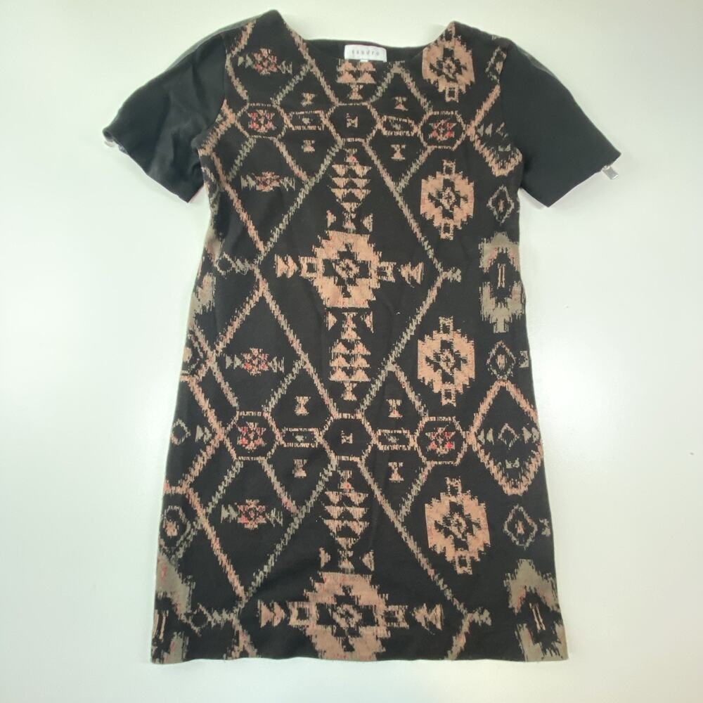 Sandro Aztec Print Mini Dress Womens Size 1 Leather Trim Zip Shoulder